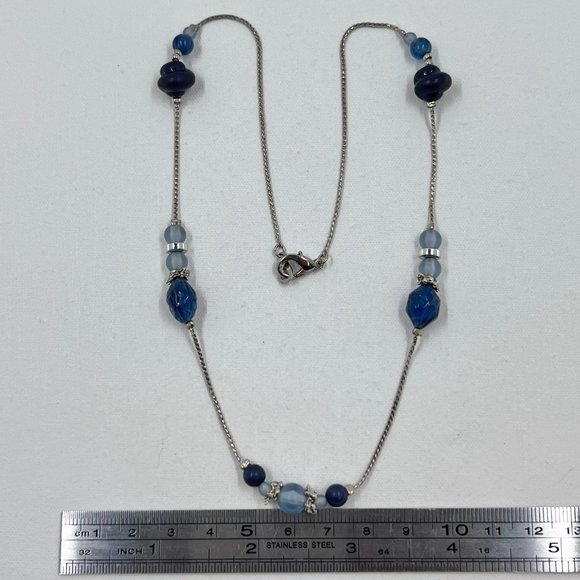 Blue Beaded Silver Tone 18” Chain Necklace - Picture 4 of 8